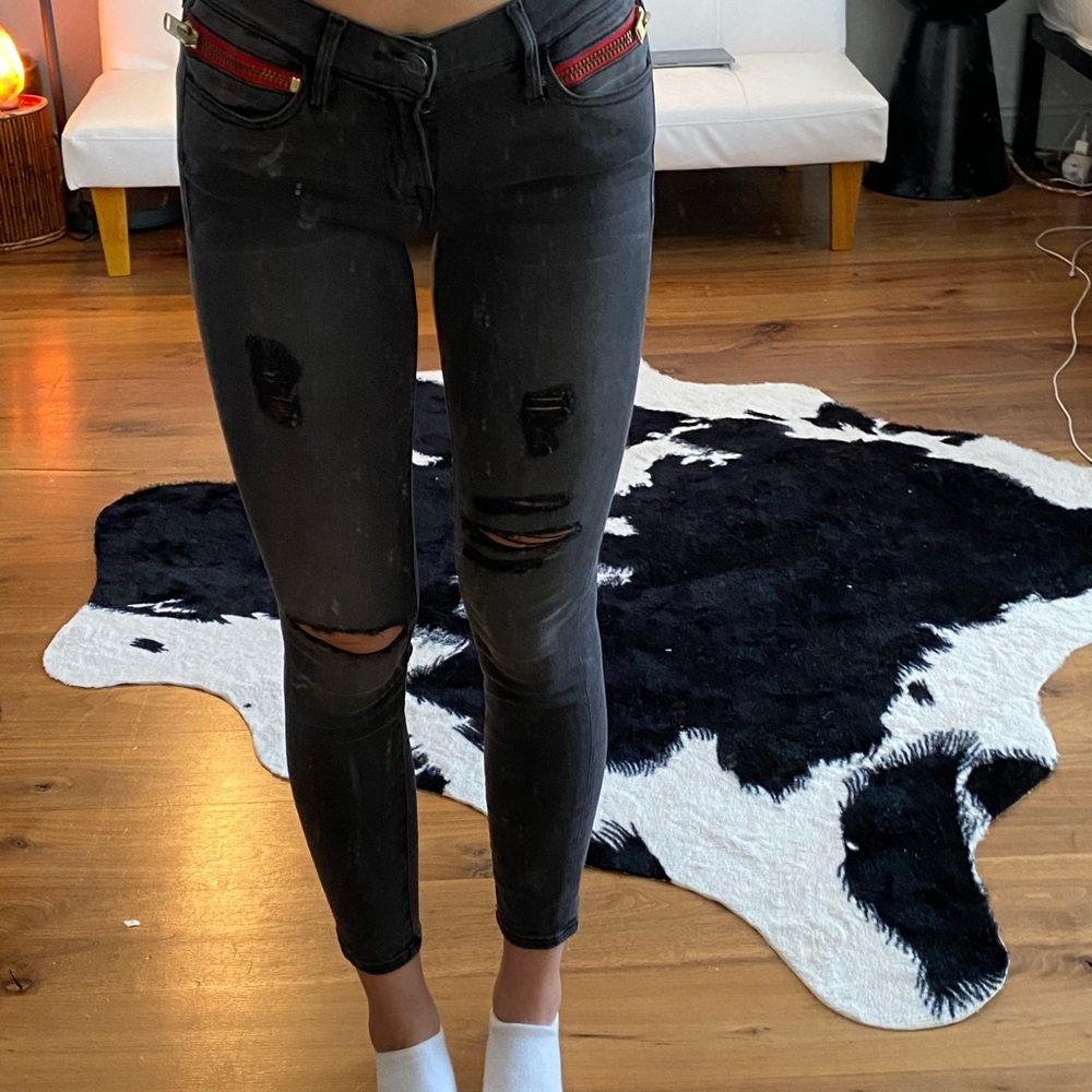 Low rise gray jeans with detailing